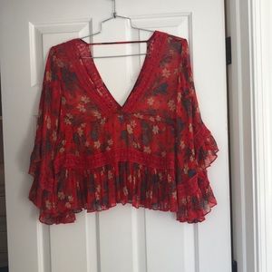 Free People Red Floral Blouse